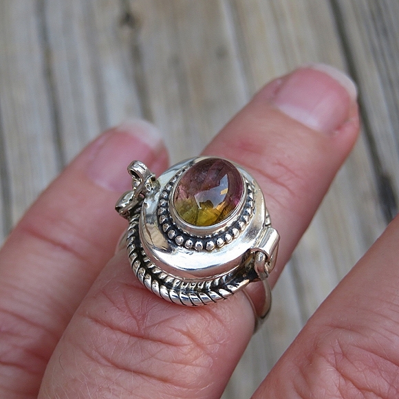 SOLD Sterling Silver Natural Watermelon Tourmaline Poison Ring - Picture 8 of 8